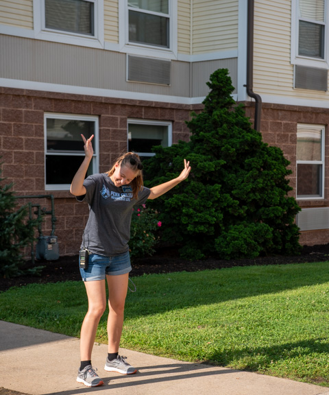 Resident assistant Abby E. George takes a dance break (or is that breakdance?) at Campus View Apartments. The Harrisburg resident holds an associate degree in baking & pastry arts and is enrolled in applied management.