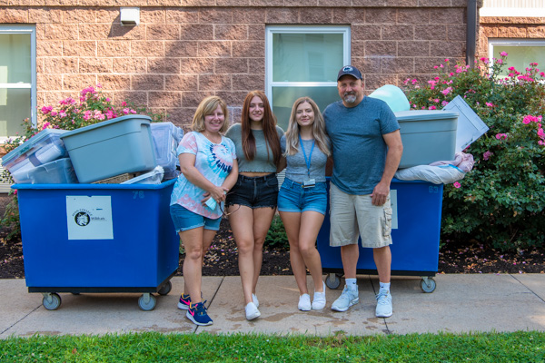 It’s a family affair! Sisters and nursing students Cassie S. (second from left) and Macy R. Eamigh, of Woodland, move into Campus View with the help of their parents, Amy and John. Dad graduated from the college in 1994 with a diesel technician degree, and the girls’ brother, John L., graduated in 2020 with a degree in information technology: network specialist concentration.