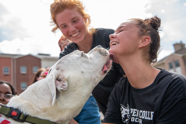 … and he isn’t shy with kisses, either! Wildcat soccer players BillieGean D. Hennessy (right), of Holtsville, N.Y., and Shannon K. O’Day, of Honesdale, delight in the mutual attention.