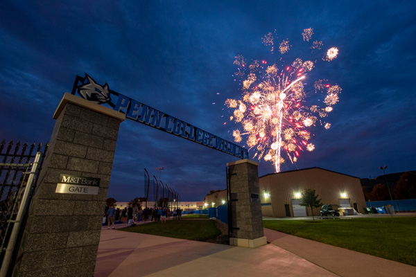 Fireworks light up the sky over the Field House and illuminate the site of Sunday night's convocation: UPMC Field and the M&T Bank Gate. 