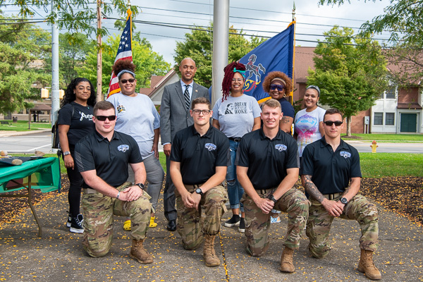 Penn College Army ROTC cadets from Bald Eagle Battalion were on hand to distribute programs. Back row (from left): Ashlee E. Massey, human services and restorative justice; BSU Vice President Shaqira S. Drummond, business administration: marketing concentration; Mayor Slaughter; Rawl-White; Carter; and Ashlee Felix, human services and restorative justice. Front row (from left): Kurt M. Maly, mechatronics; Sam T. VanDermark, manufacturing engineering technology; Anthony J. Marturano, welding and fabrication engineering technology; and Joseph L. Elinski, manufacturing engineering technology.