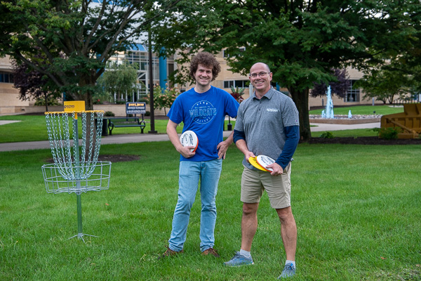 Collin D. Skiba’s father, Doug, flew all the way from Texas to play disc golf with his son (and enjoy Parent & Family Weekend and pristine weather of a just-begun Pennsylvania autumn). The younger Skiba, from Boerne, Texas, is enrolled in robotics & automation.