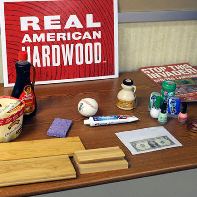 Students were challenged to identify the two items in a tabletop display that don't contain wood or a wood byproduct. The impostors? Bamboo flooring, which – while renewable – is a grass, and the dollar bill. (Despite being called "paper money," U.S. currency is made entirely of cotton and linen.)