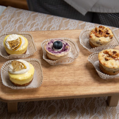Offerings from Kerr’s “DK Café”: lemon vanilla, blueberry keto and almond Gouda cheesecakes.
