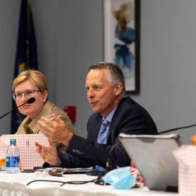 Michael J. Reed, vice president for academic affairs/provost, and Shannon M. Munro, vice president for workforce development, are among the panelists during a working "boxed lunch" session in the Thompson Professional Development Center.