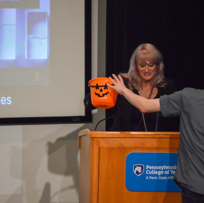 Faculty retiree Lisa Bock, author of several books, returns to campus for a door-prize giveaway of numerous copies.