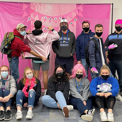 Members of the Lancaster/York Resident Assistant staff playfully call attention to the cause. Front row (from left): Ashley J. Hoffer, Caila N. Flanagan, Claudia D. Friskey, Megan R. Kresovich and Morgan R. Weston. Back row (from left): Stephen C. Brodecki, Aidan J. Weissenberger, Jake Roberts, Wesley S. McCray, Graham E. Burnett and Daniel T. Wright.