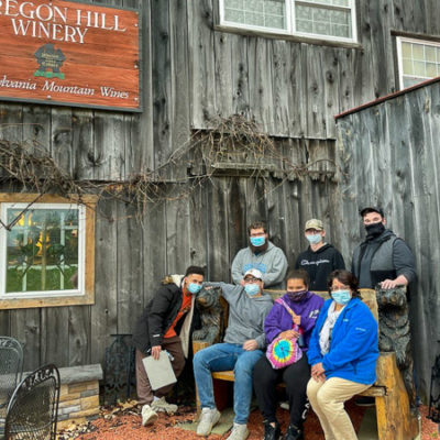 Making the trip to Oregon Hill Winery are (seated from left): Darius M. Williams, of Montoursville; Charlie M. Suchanec, of Tyrone; Alexis J. Muthler-Harris, of Williamsport; and Chef Mary G. Trometter, assistant professor of hospitality management/culinary arts; and (standing from left): Palin J. Hurst, of Gardners; Nick S. Matthews, of Alpharetta, Ga.; and Lance P. Bierly, of Centre Hall. All the students are enrolled in the culinary arts technology major. 