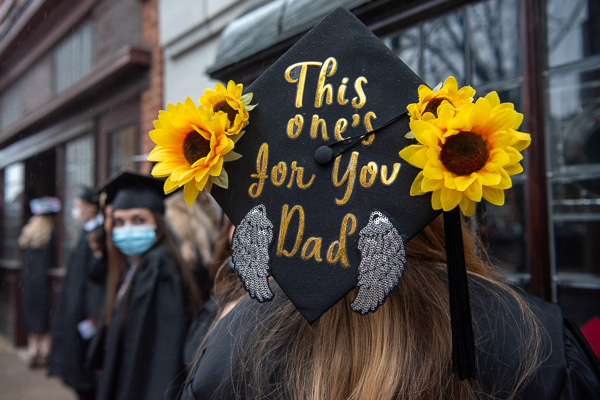 The cap of nursing graduate Tunesha A. Smith honors her late father, Gregory A., who earned a Penn College nursing degree 10 years ago.