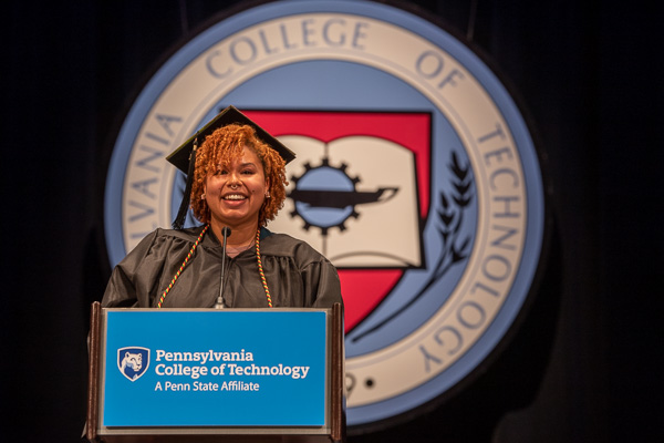 The student speaker, who found satisfaction and happiness after changing course and enrolling at Penn College, urged her classmates not to underestimate the power of hope, resilience and strength. 