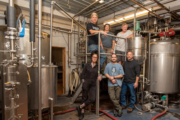 A rare pause in the brewing action. Top row (from left): Yarrington, Ulmer and Berwick Brewing Co. owner Tom Clark. Bottom row (from left): Allen; Matt Hallowell, brewery production manager; and Bosch.