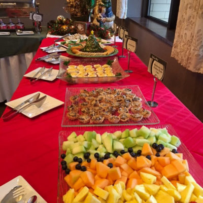 Among offerings: mushroom and Fontina phyllo cups, a fruit platter, deviled eggs and a decoratively presented bacon ranch cheese ball.