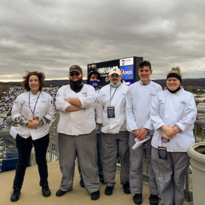 High above the crowd, the crew gathers. From left: Sarah Wolf, Palin J. Hurst, Bryan Aguilar, Charlie M. Suchanec, Caleb J. Stemler and Hannah C. Regester.