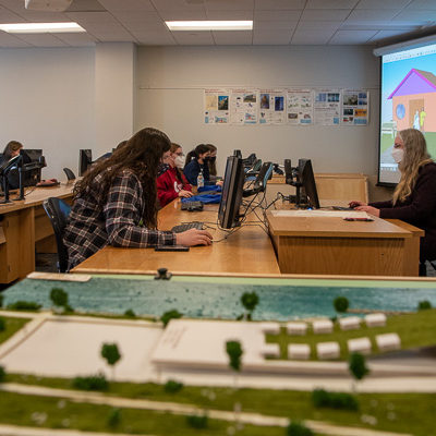 Dorothy J. Gerring (right), associate professor of architecture, offers a scenic tour of SketchUp 3D modeling. Gerring was accompanied by Amanda F. Ritter, a building science and sustainable design: architectural concentration student from Williamsport.
