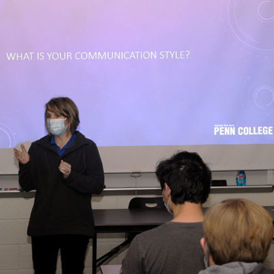 Kline engages her audience during a discussion of "Communication and Teamwork," one of three sessions that the job applicants were required to attend. Others were "Passion Into Purpose," with Elliott Strickland; and Pace's primer on "Organizational Efficiency."