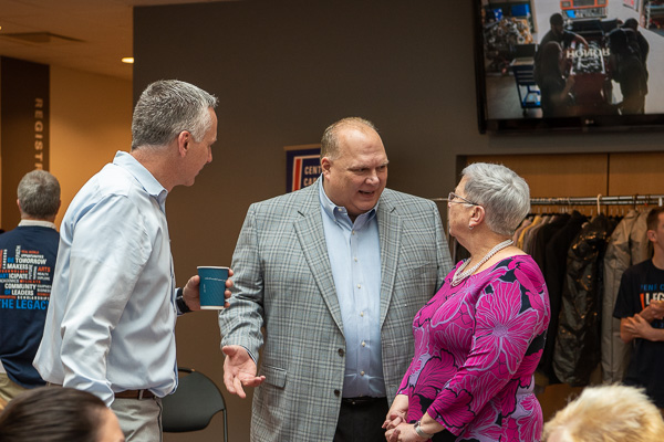 Pellegrino (center), a local manufacturer and generous friend of Penn College, talks with Gilmour and Reed.  