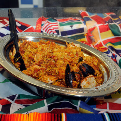 Seafood Paella, among the evening's savory dishes
