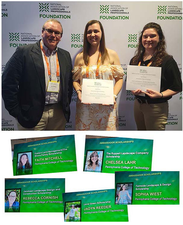 Bower (in top photo) celebrates with two of the college’s five recipients of NALP awards: Wiest (center), and Mitchell, of Sunbury. At bottom, all five scholars are featured in a collage of slides.