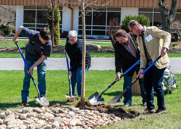 From left: Sormilic, Gilmour, Beishline and Burger complete the anniversary planting of a fall fiesta sugar maple.