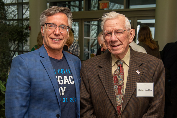 Faculty retirees Craig A. Cian (left) and Chalmer C. Van Horn return to campus for the evening's festivities. Both have established scholarships at the college, while Cian sponsored a pillar in memory of wife Ruth Colene Chilcote Cian (who died in April 2017) and in honor of President Gilmour. 