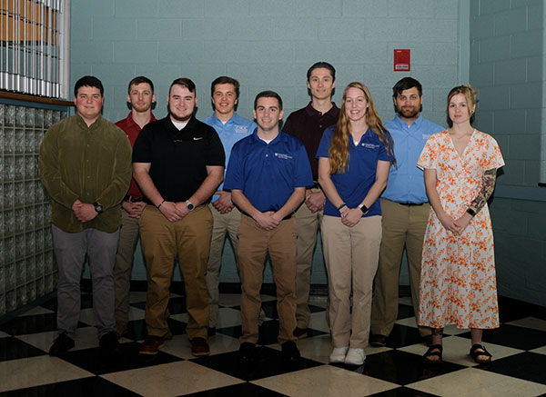 This year's scholarship recipients and award winners among four-year construction management students are (from left) Woland, Barney, Smith, Adams, Laraia, Malesky, Grates and Marshall.