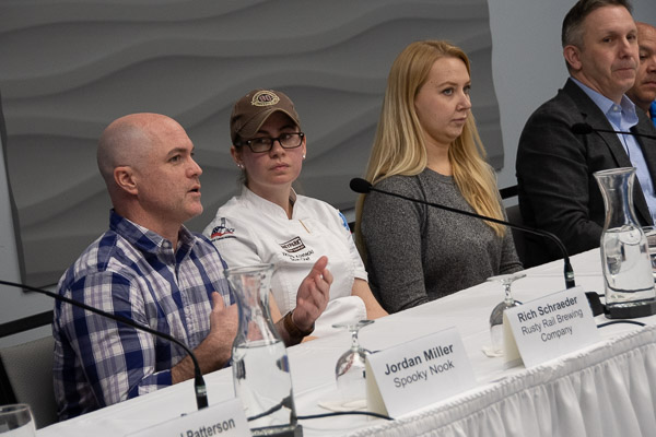 Among alumni on the panel are Rich Schrader (left), president of Rusty Rail Brewing; and Victoria Kostecki (center), a sous chef for Hersheypark. At right are Elina Fischer, a recruiter for Hollywood Casino, and Jim R. Dougherty, executive director of the Community Arts Center. Schrader is a 2004 graduate in business administration: management information systems concentration; Kostecki earned baking & pastry arts and applied management degrees in 2014 and 2016.