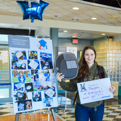 Roni F. Fitzhugh, of Tobyhanna, graduating with an associate degree in welding technology and a bachelor's in welding and fabrication engineering technology, holds a major-related prop ... and gratitude for her support network. Students were encouraged to show their appreciation for the people who helped them along the road to commencement.