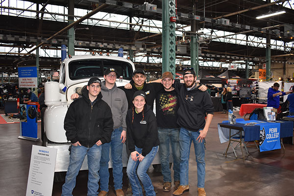 The president of the Diesel Performance Club (center) is surrounded by her fellow officers and members. From left are Thomas J. Solly, of Doylestown, club treasurer; Vice President James A. Brubaker, of Sinking Spring; Jake M. Spinosa, of Wood Ridge, N.J.; Drew J. Page, of Coudersport; and Matthew J. Biehl, Silverdale. The students represent several disciplines taught at the Schneebeli Earth Science Center near Allenwood: diesel technology, as well as the technican and operator emphases of the heavy construction equipment technology major. (Photo by Ryan W. Peck, instructor of diesel equipment technology)<br />