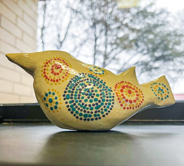 A feathered friend decorated with a dot medallion art “hit the spot” for Noelle B. Bloom, assistant director of dining services (who shared this photo). “This too shall pass” are the supportive words found on the back.