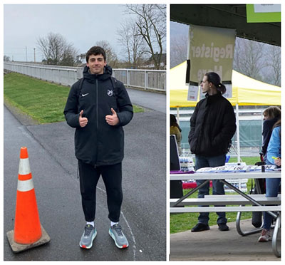 Degeyter (left) patrols the outermost portion of the course with Wildcat pride, while Smith helps at registration before heading off to serve as a race official.