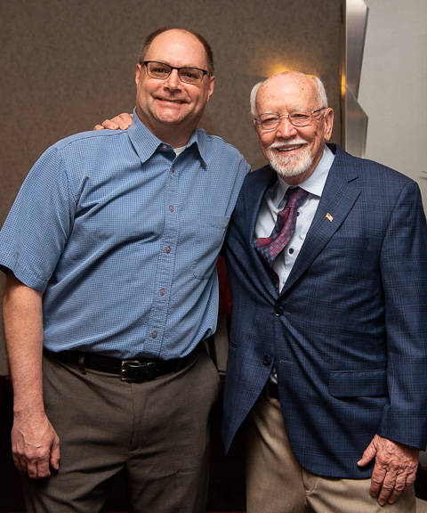 Visiting alumni honoree Larry A. Ward in the Capitol Lounge before the ceremony is Howard W. Troup, an automated manufacturing/machine tool technology faculty member whose professional connections with the benefactor have evolved into friendship.