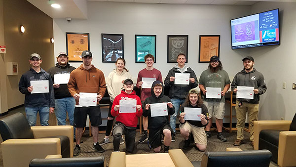 Penn College students passing the Certified SolidWorks Associate exam for mechanical design include (kneeling from left): Christian A. Chandler, Cenzo G. DiFabrizio and Jino A. DiFabrizio. Standing (from left) are: Joshua D. Schreckengast, Wesley E. Walls, Caleb J. Morgan, Kendra L. Jollimore, Nate D. Dundas, Nathan J. Scholl, Caden A. Stake and Jonathan R. Smith.