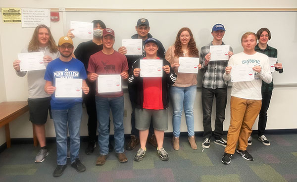 Other students earning the certification include (front row from left) Casey B. Campbell, Griffin R. Knelly, Ethan M. Houtz and Benjamin Audenried; and (back row from left) Ben P. Williams, Dongwook Kim, Richard T. Markle, Sara A. Halligan, Collin A. Robinson and Matthew Cathcart.