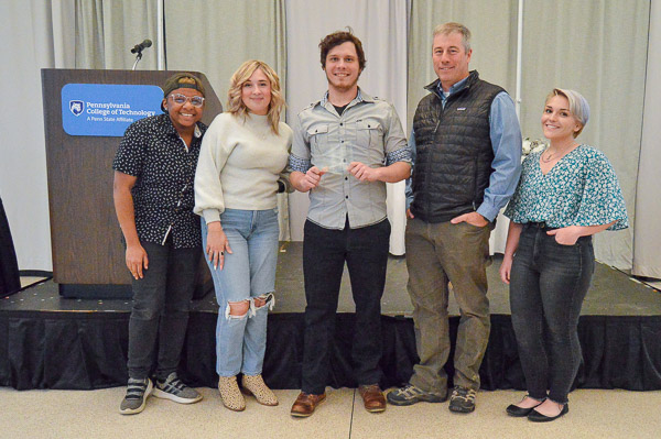 Emerging Student Leader honors went to Cody Robert Englehart, who was joined by enthusiastic supporters from the Human Services and Restorative Justice Club. From left are Zakariah K. Marshall; Krystle Jean Richardson; Englehart; adviser Rob Cooley, associate professor of anthropology and environmental science; and Kae A. Little.