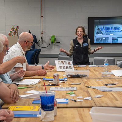 Kat A. Valentine, coordinator of makerspace operations, engages faculty in discussion, including encouraging them to reach out to her to develop ideas for using maker activities in their classrooms and labs.