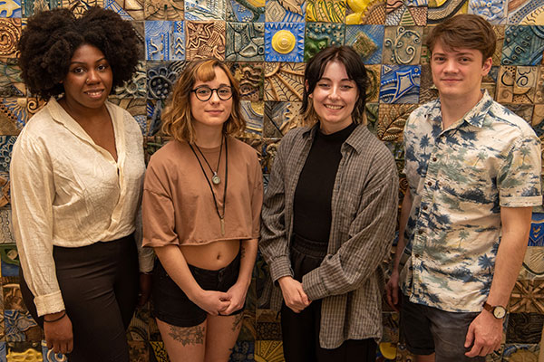 Four seniors in the graphic design major at Pennsylvania College of Technology captured awards in two prestigious design competitions. From left: Ashley Dawnn Thomas Johnson, of Roselle, N.J.; Emma Marie Mercer, of Williamsport; Maya Wynant, of Honey Brook; and Elias D. Ritter, of Willow Grove. Thomas Johnson and Mercer earned honors in the Flux Student Design Competition, and Wynant and Ritter were honored in the American Advertising Federation of Northeast Pennsylvania’s Student American Advertising Awards. Seven Penn College alumni were also recognized.