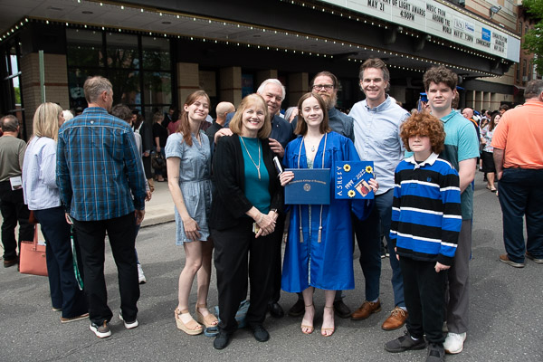 Three generations of the Niedermyer family gather, including the latest grad, Sadie (architecture), as well as her father, Michael (’98 and ‘09, who was there for one of Gilmour’s first commencements as well as her last), and Charles II, ’05 and 12, an instructor in baking and pastry arts/culinary arts. All three of Charles Sr. and Patricia’s sons (son Mark, ’98 and ‘17, is not in photo) are Penn College graduates.