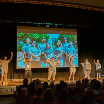 The Connections Links bring a posed group photo to life, buoyantly responding to the applause that greeted their introduction to the Klump Academic Center crowd. From left are Pringle, Gagliardi, Schooley, Nichols, Cline, Turner and Malchano.