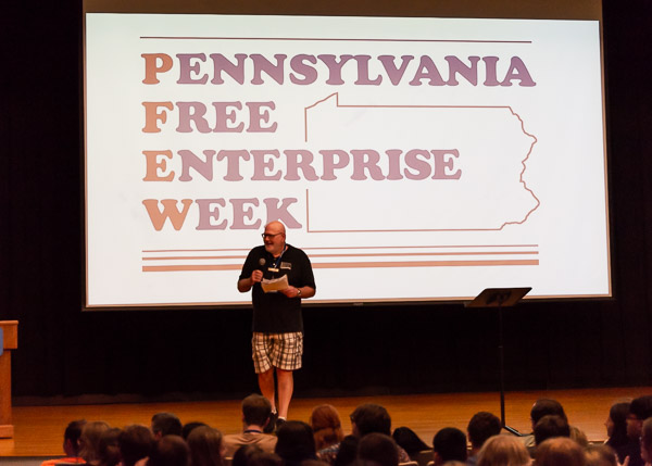 Kicking off the Tuesday afternoon itinerary (and dressed appropriately for a campus drenched in midsummer swelter) is Kevin W. Davis, retired chief executive officer of The Davis Group in Altoona. A Foundation for Free Enterprise Education board member. 