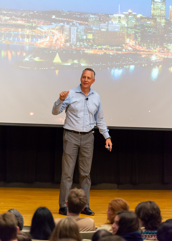 Against the backdrop of his native Pittsburgh, immediately endearing himself to guests from western Pennsylvania, the keynoter provides a snapshot of his upbringing as one of 10 children (and a first-generation college student) from a three-bedroom, working-class home.