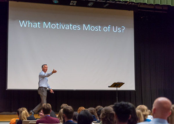 Working the room from ground level to balcony, Reed solicits answers to a foundational question. Premised on Daniel H. Pink's writings – which discuss the driving forces of purpose, mastery and autonomy – Reed's inquiry prompted some equally compelling responses, from 