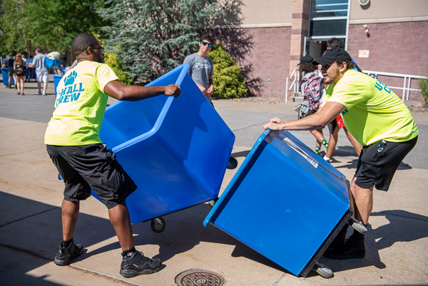 Sometimes, you have to play tug-of-war to pull apart those blue bins!