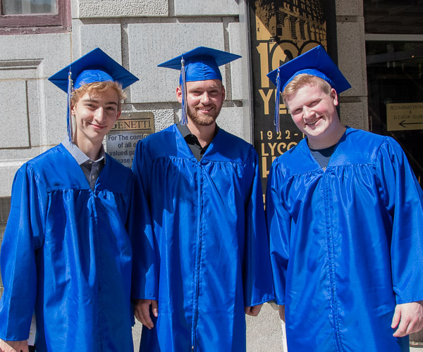 Automotive graduates enjoy their moment in the sun. From left: Connor J. Bollinger, of Pennsylvania Furnace; Zachary P. Cronin, of Bellefonte; and Jack T. O’Brien, of Leonia, N.J.