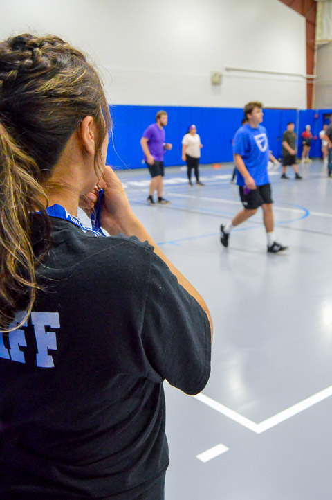 Maintaining order amid the chaos of dodgeball is Elizabeth L. Ortiz, campus recreation student assistant. Ortiz, of Elizabethtown, is majoring in dental hygiene.
