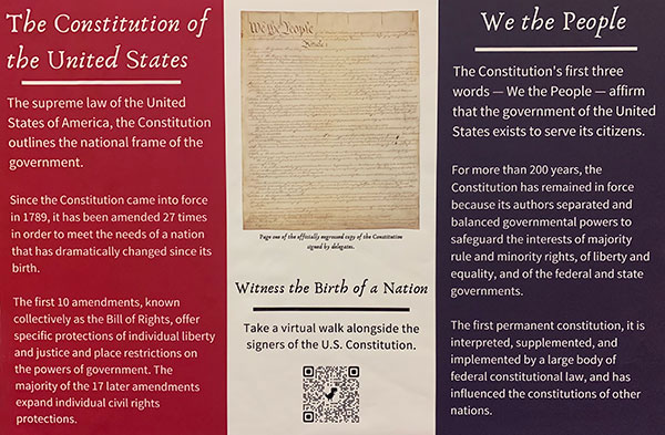 A red, white and blue display reflects the primacy, flexibility and resiliency of the U.S. Constitution (along with a QR code for further exploration).