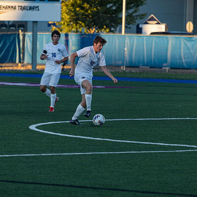Midfielder Matt Neeson, a returnee from last season, moves the ball against Keystone College. Neeson, of Chadds Ford, is majoring in automation engineering technology: robotics & automation.