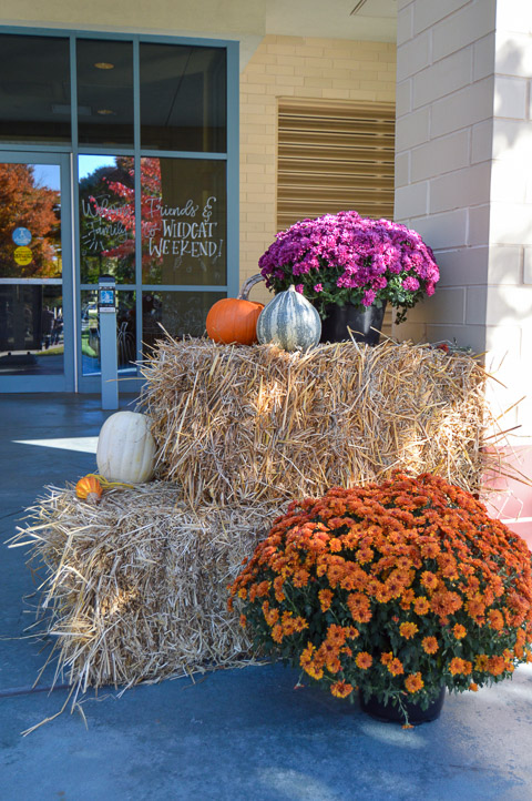 An attractive seasonal display welcomes weekend guests outside the Bush Campus Center.