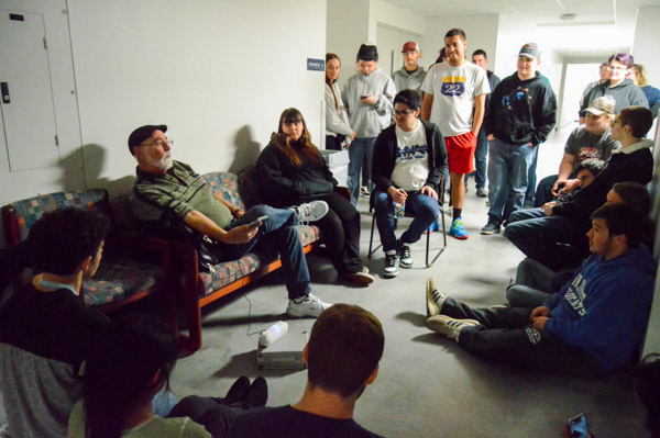 Students join Zaffis for a ghost hunt that began in the auditorium of Klump Academic Center and ended in the basement of that oldest building on main campus (at the recommendation of several 