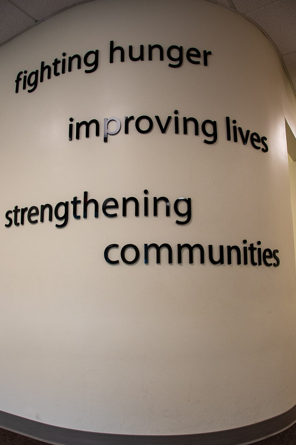 The Food Bank spells out its goals on a wall.