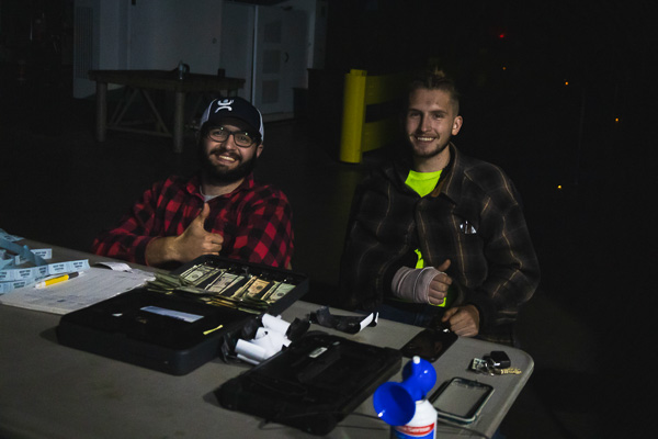 ... although these genial hosts are legit good-natured: Patrick C. Evanko (left), of Columbus, N.J., and Nikolas J. Harnish, of Newmanstown, both enrolled in welding & fabrication engineering technology and representing the student chapter of the American Welding Society.